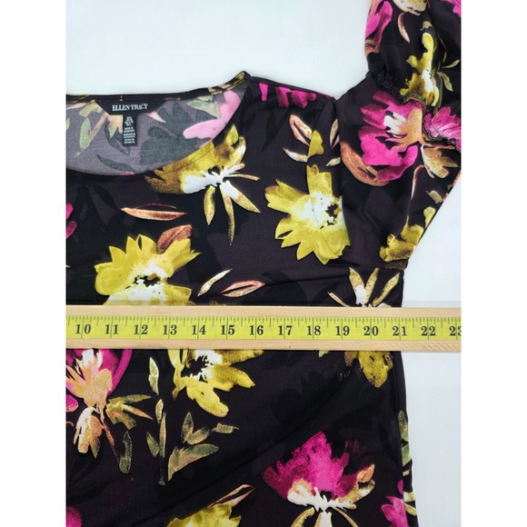 Ellen Tracy Womens L Floral Bell Sleeve Blouse Black Vibrant Dressy Work Top - Picture 12 of 13